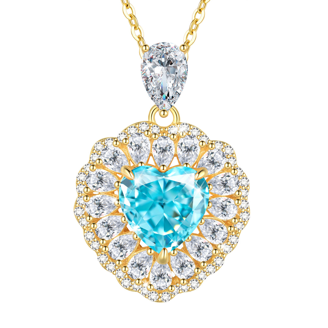 Heart Pendant Necklace,14k Gold Plated 925 Sterling Silver AAAAA Cz Aquamarine Love Heart Birthstone Necklace Fine Jewelry Gifts for Women