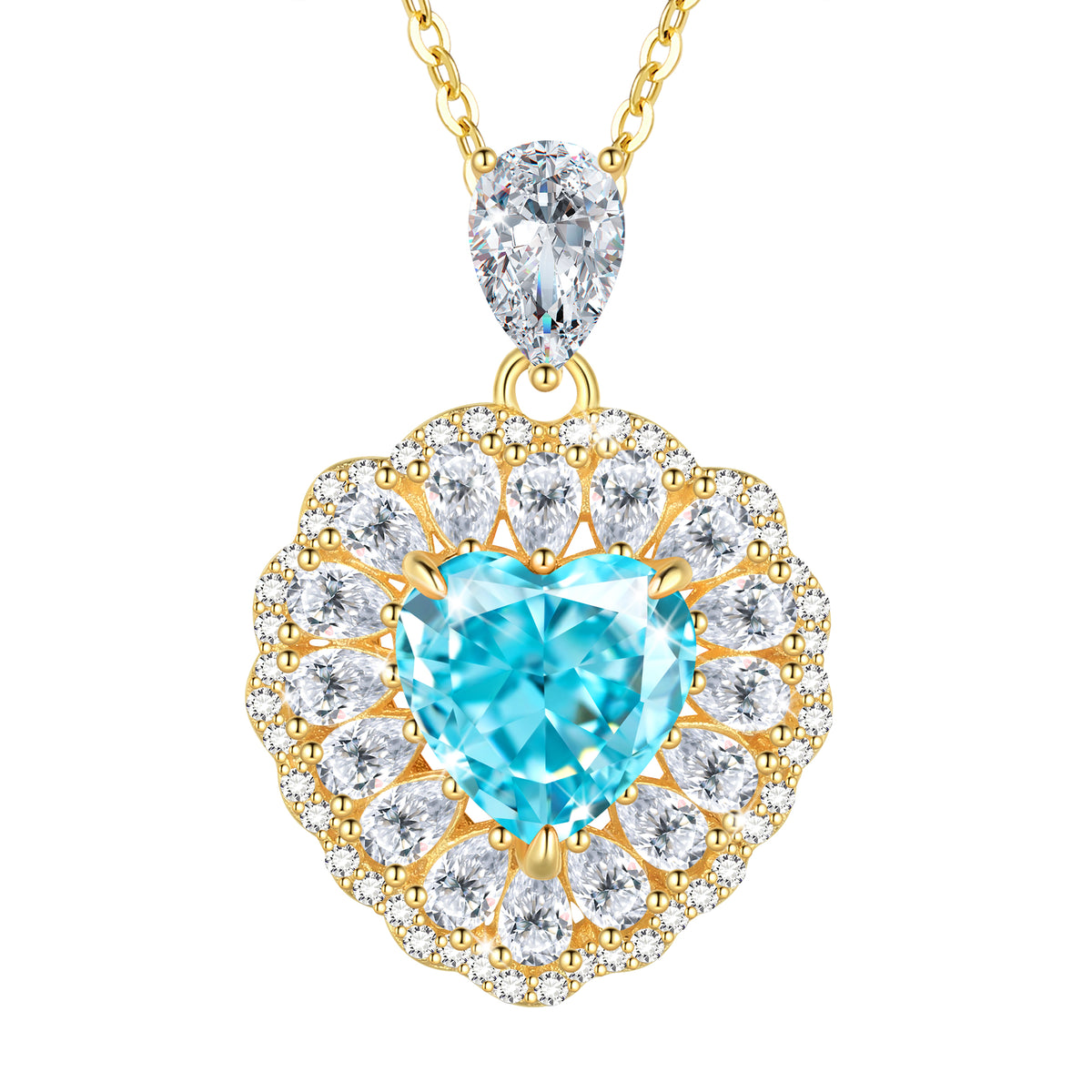 Heart Pendant Necklace,14k Gold Plated 925 Sterling Silver AAAAA Cz Aquamarine Love Heart Birthstone Necklace Fine Jewelry Gifts for Women