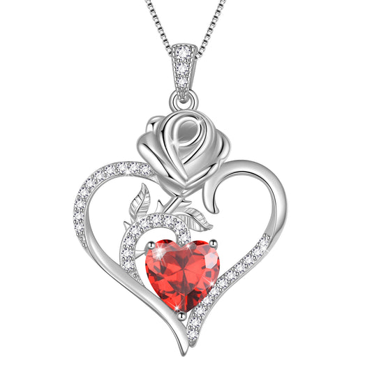 925 Sterling Silver Rose Heart Necklace,Rose Flower Pendant Necklace Jewelry Birthday Christmas Valentines Gifts for Women Girls
