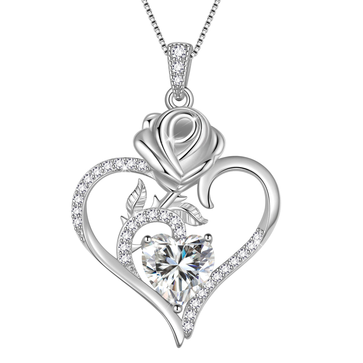 925 Sterling Silver Rose Heart Necklace,Rose Flower Pendant Necklace Jewelry Birthday Christmas Valentines Gifts for Women Girls