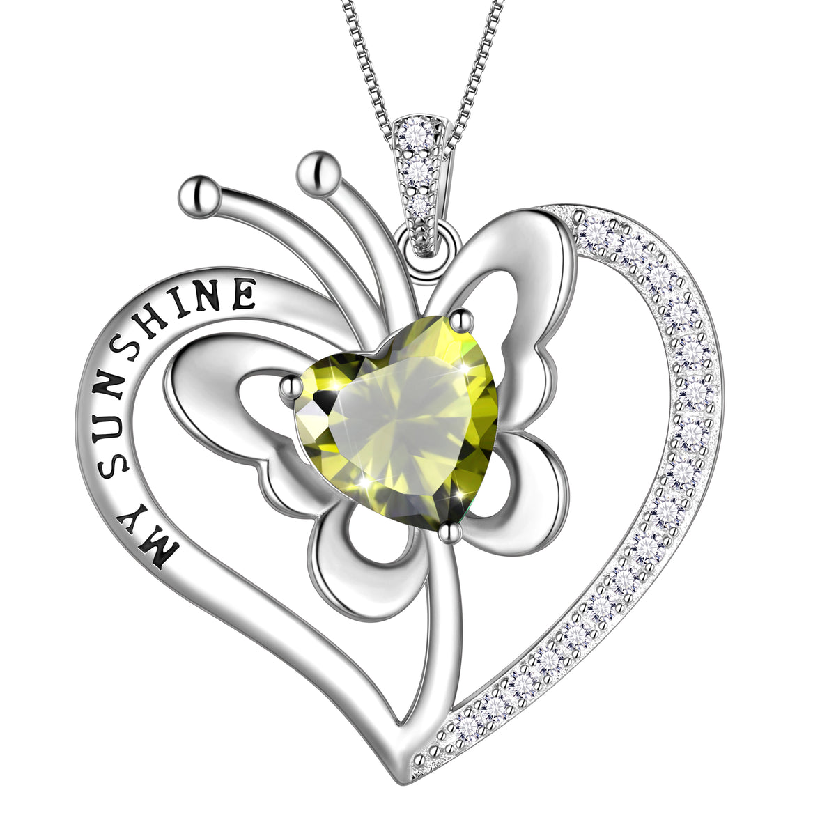 My Sunshine Butterfly Necklace, S925 Sterling Silver Heart Birthstone Birthday Anniversary Christmas Jewelry Gifts for Women / Wife / Lovers