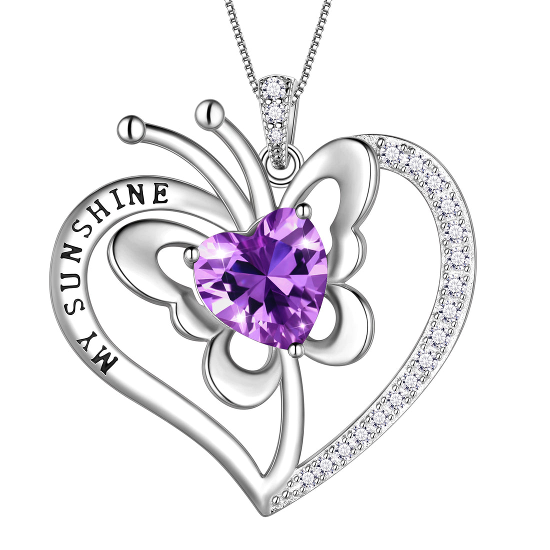 My Sunshine Butterfly Necklace, S925 Sterling Silver Heart Birthstone Birthday Anniversary Christmas Jewelry Gifts for Women / Wife / Lovers