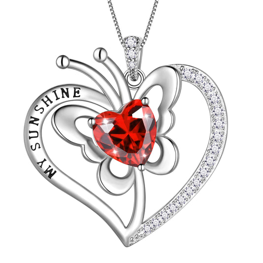 My Sunshine Butterfly Necklace, S925 Sterling Silver Heart Birthstone Birthday Anniversary Christmas Jewelry Gifts for Women / Wife / Lovers