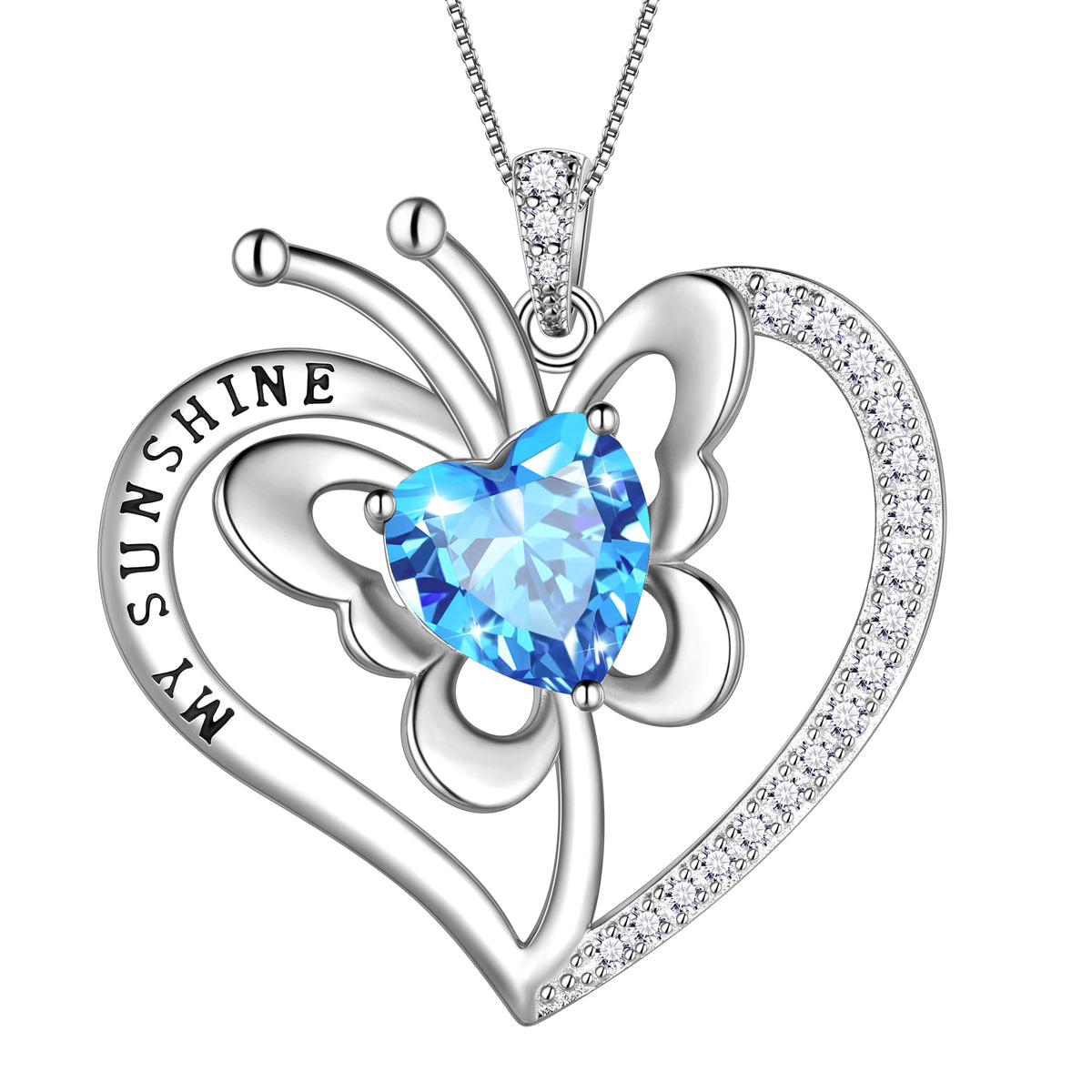 My Sunshine Butterfly Necklace, S925 Sterling Silver Heart Birthstone Birthday Anniversary Christmas Jewelry Gifts for Women / Wife / Lovers