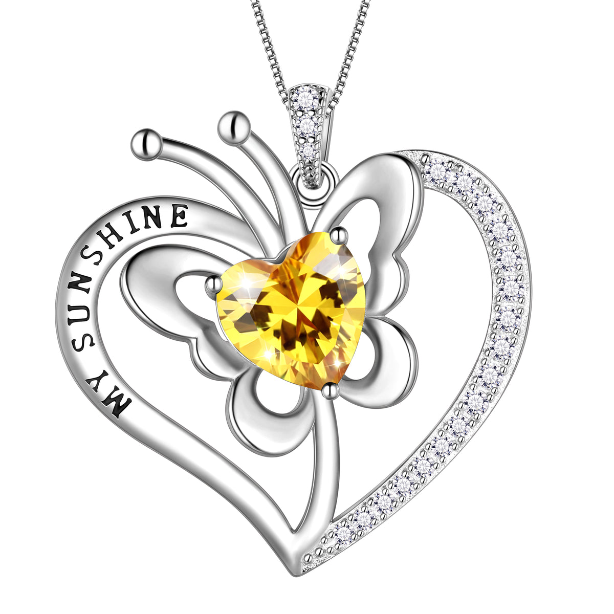 My Sunshine Butterfly Necklace, S925 Sterling Silver Heart Birthstone Birthday Anniversary Christmas Jewelry Gifts for Women / Wife / Lovers