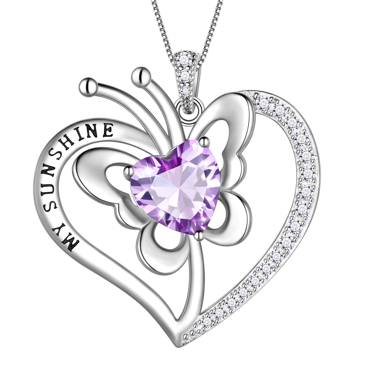My Sunshine Butterfly Necklace, S925 Sterling Silver Heart Birthstone Birthday Anniversary Christmas Jewelry Gifts for Women / Wife / Lovers