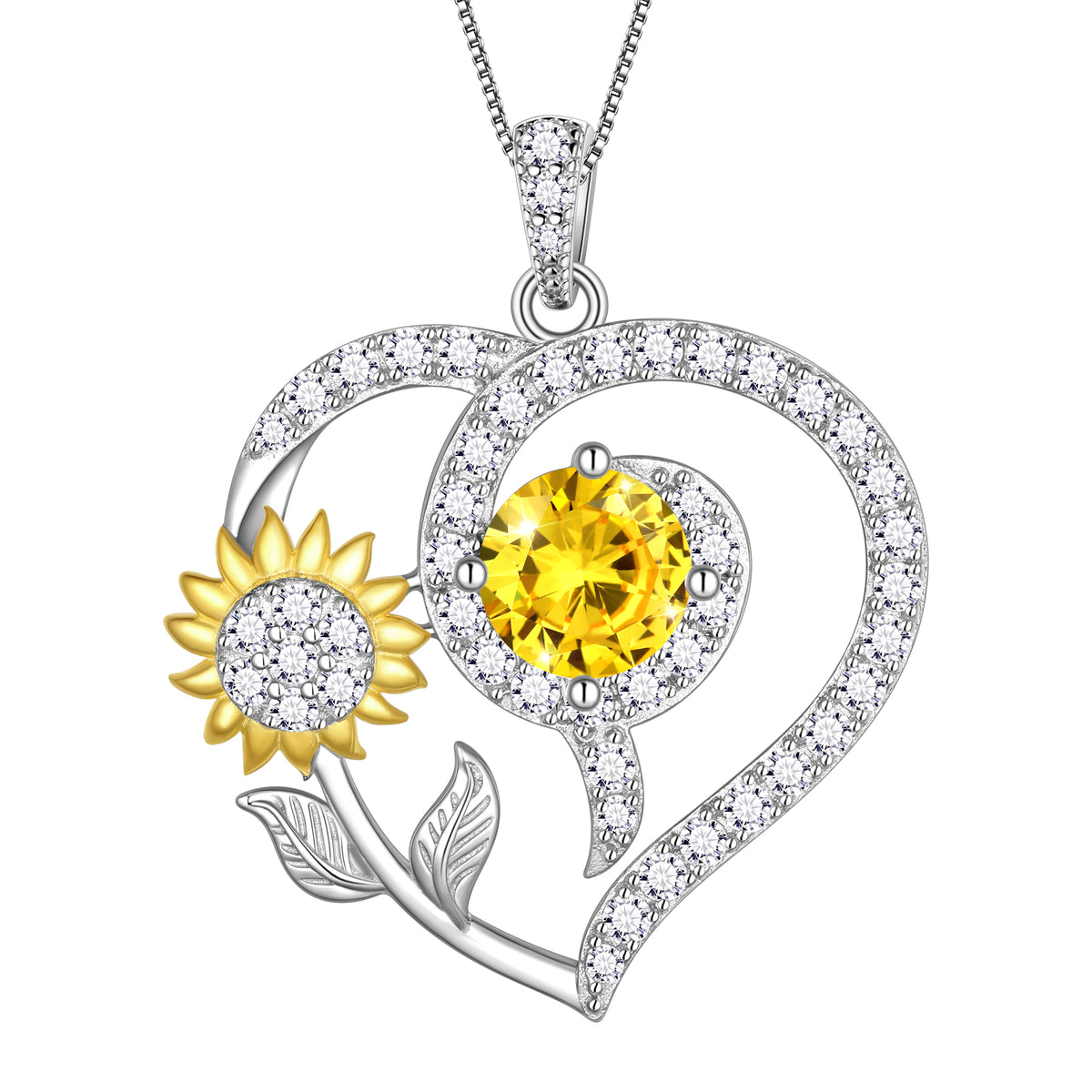 Sunflower Heart Neckalce,925 Sterling SIlver Birthstone Pendant Flower Necklace Birthday Anniversary Christmas Jewelry Gifts for Women Girls