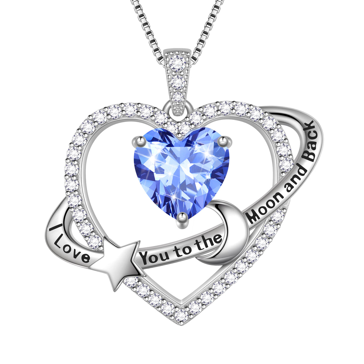 I Love You to The Moon and Back Necklace,S925 Sterling Silver Heart Birthstone Necklace, Moon and Star Pendant Necklace Birthday Anniversary Christmas Jewelry Gifts for Women / Wife / Lovers