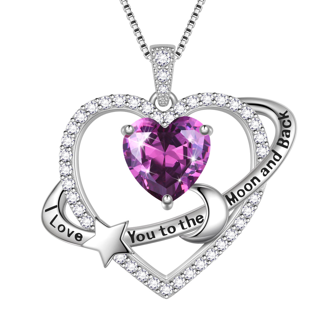 I Love You to The Moon and Back Necklace,S925 Sterling Silver Heart Birthstone Necklace, Moon and Star Pendant Necklace Birthday Anniversary Christmas Jewelry Gifts for Women / Wife / Lovers