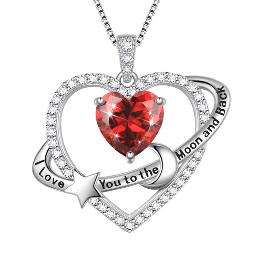 I Love You to The Moon and Back Necklace,S925 Sterling Silver Heart Birthstone Necklace, Moon and Star Pendant Necklace Birthday Anniversary Christmas Jewelry Gifts for Women / Wife / Lovers