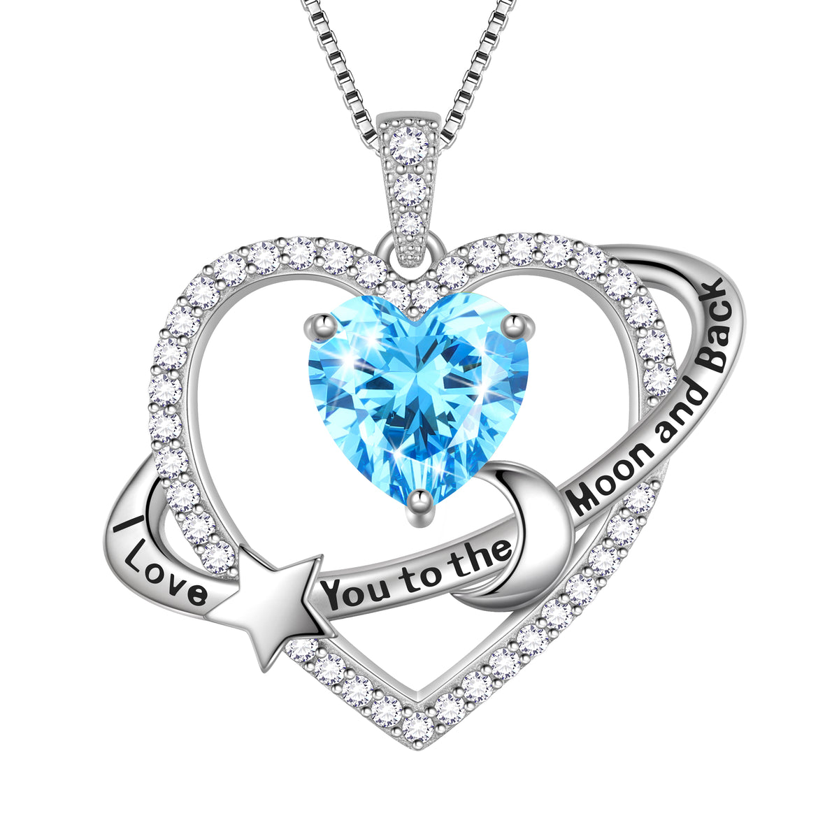 I Love You to The Moon and Back Necklace,S925 Sterling Silver Heart Birthstone Necklace, Moon and Star Pendant Necklace Birthday Anniversary Christmas Jewelry Gifts for Women / Wife / Lovers