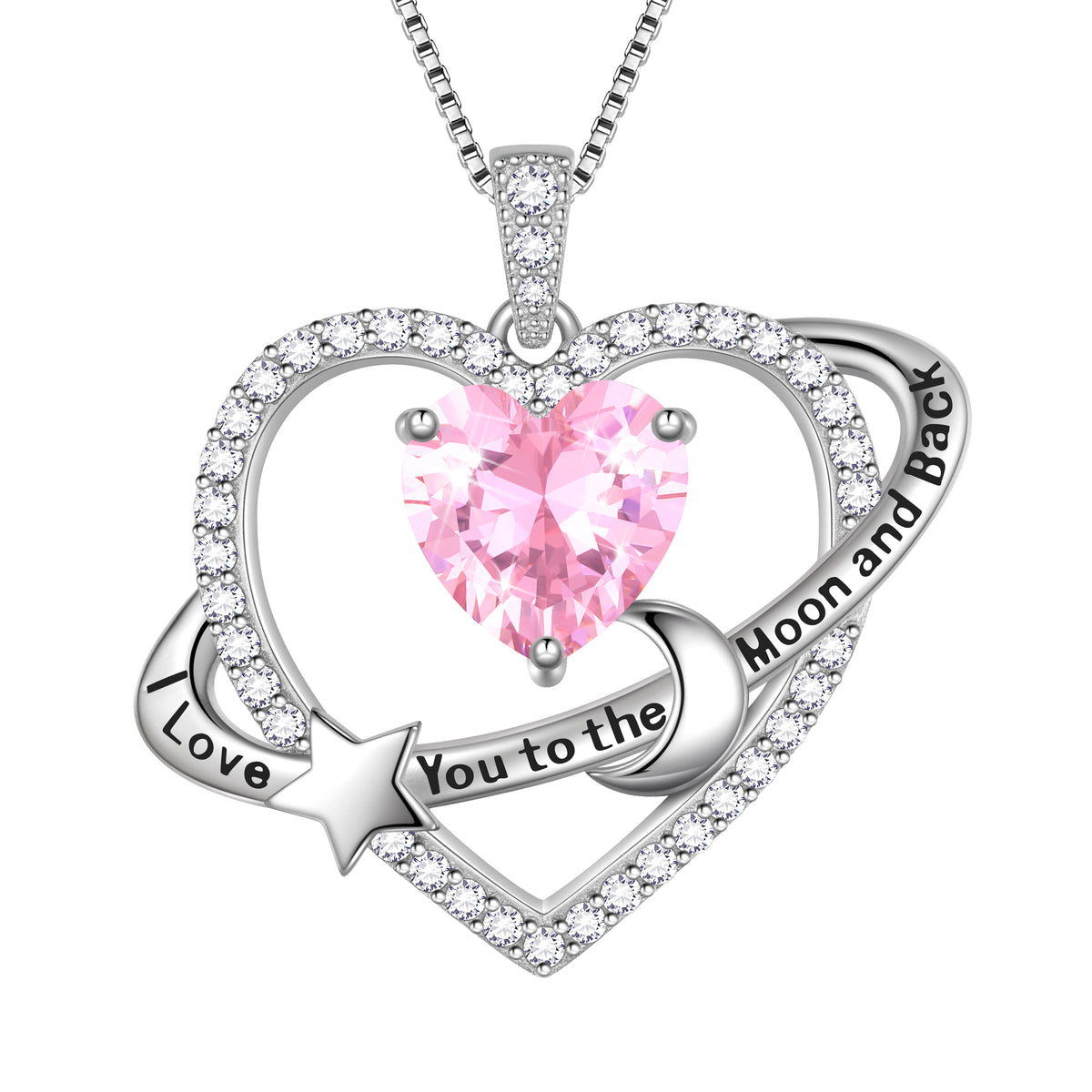 I Love You to The Moon and Back Necklace,S925 Sterling Silver Heart Birthstone Necklace, Moon and Star Pendant Necklace Birthday Anniversary Christmas Jewelry Gifts for Women / Wife / Lovers