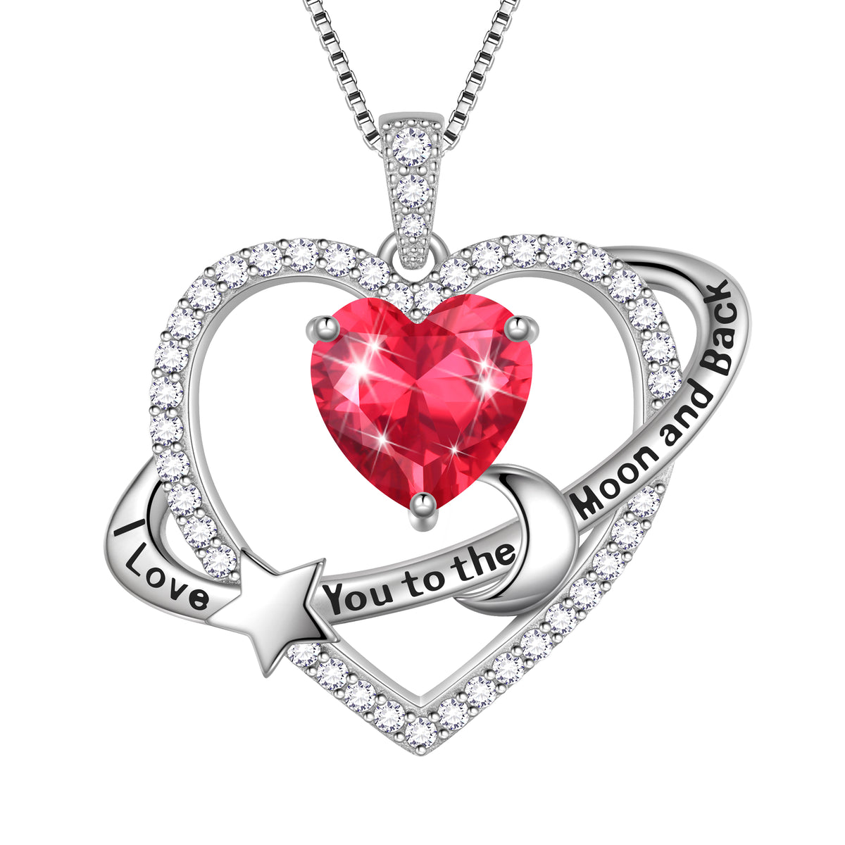 I Love You to The Moon and Back Necklace,S925 Sterling Silver Heart Birthstone Necklace, Moon and Star Pendant Necklace Birthday Anniversary Christmas Jewelry Gifts for Women / Wife / Lovers