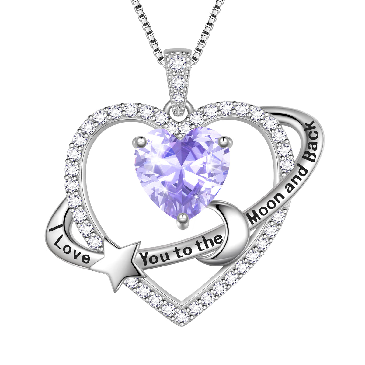 I Love You to The Moon and Back Necklace,S925 Sterling Silver Heart Birthstone Necklace, Moon and Star Pendant Necklace Birthday Anniversary Christmas Jewelry Gifts for Women / Wife / Lovers