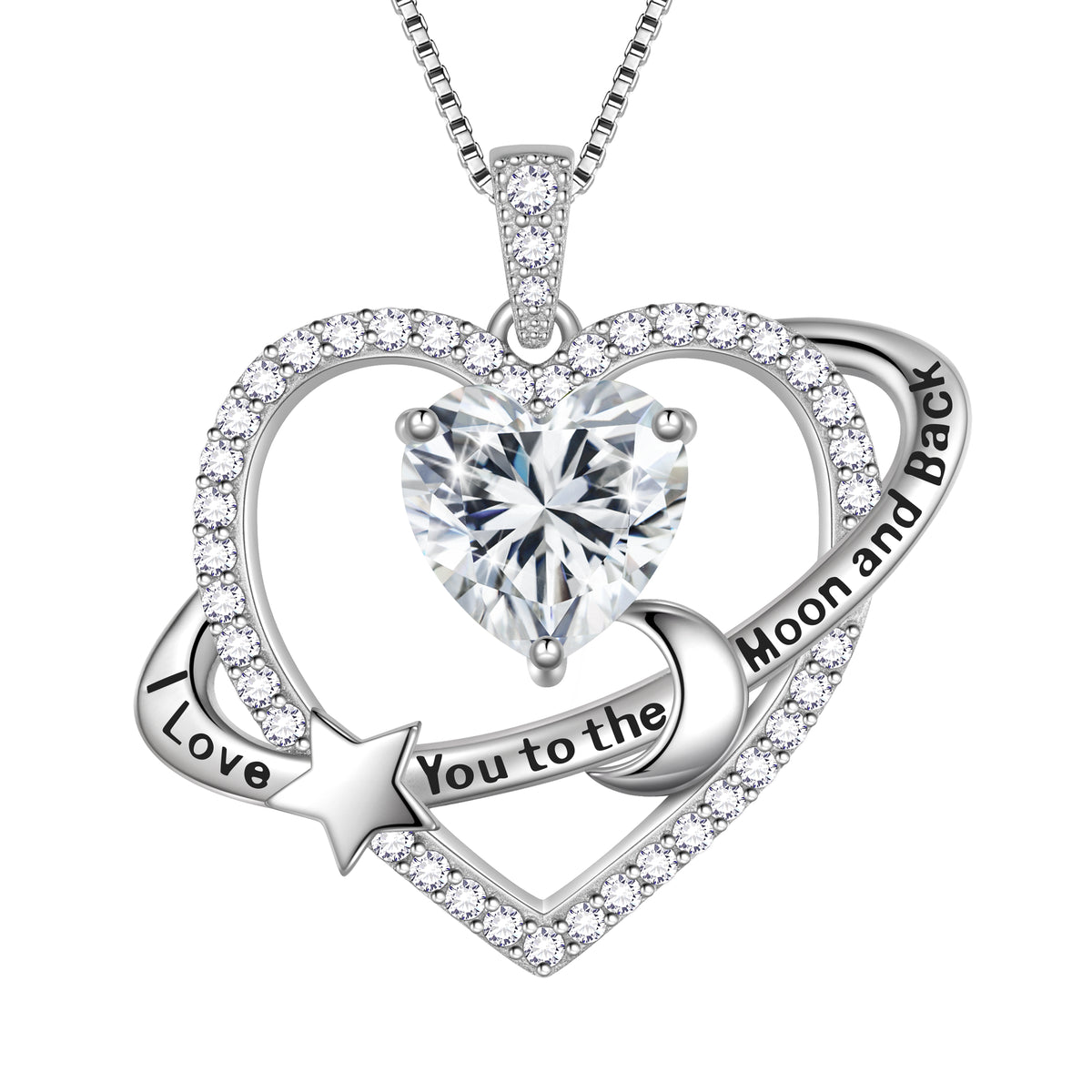 I Love You to The Moon and Back Necklace,S925 Sterling Silver Heart Birthstone Necklace, Moon and Star Pendant Necklace Birthday Anniversary Christmas Jewelry Gifts for Women / Wife / Lovers