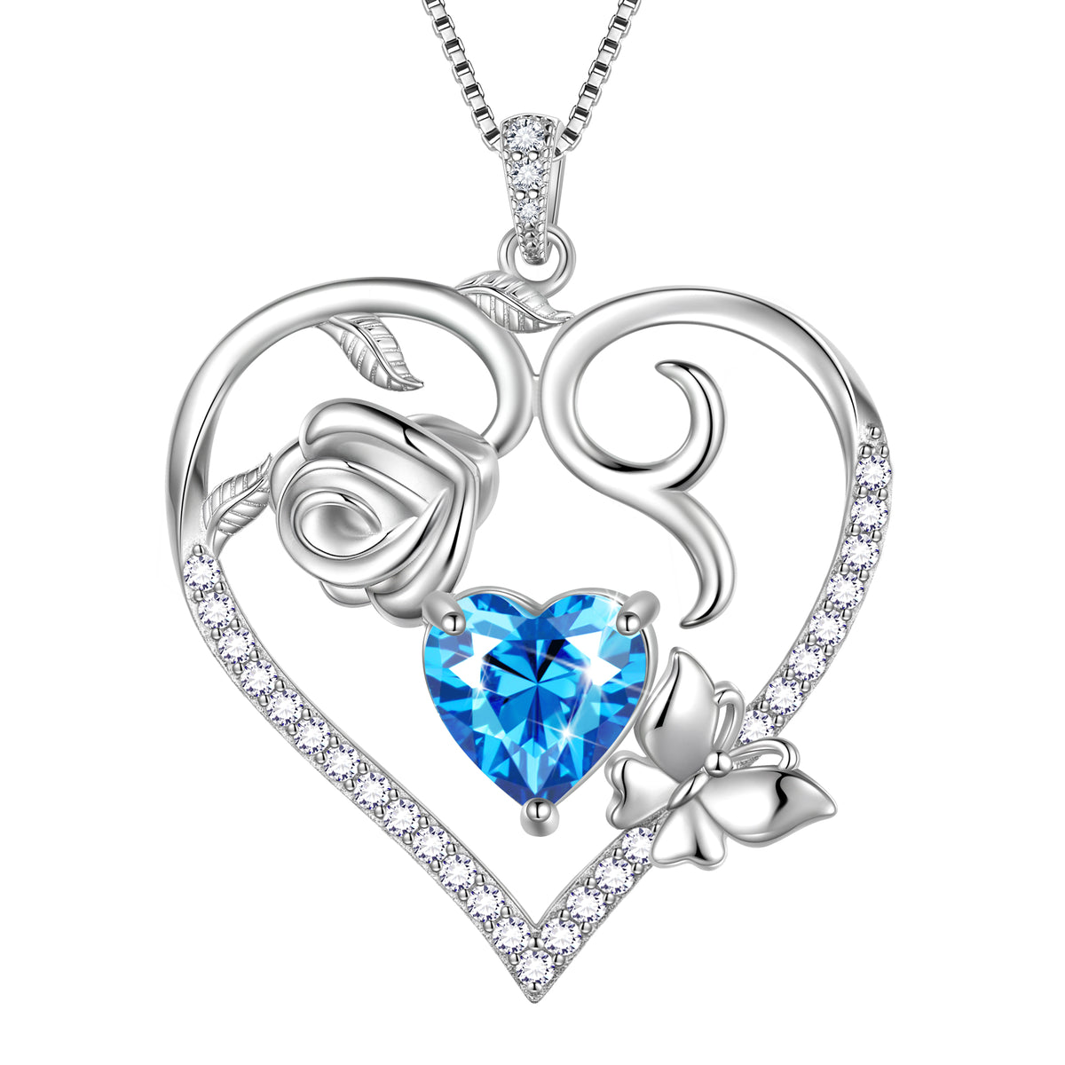 925 Sterling Silver Heart Rose Necklace,Butterfly Flower Cute Animal Pendant Necklace Jewelry Birthday Christmas Valentines Gifts for Women Girls-HP0185