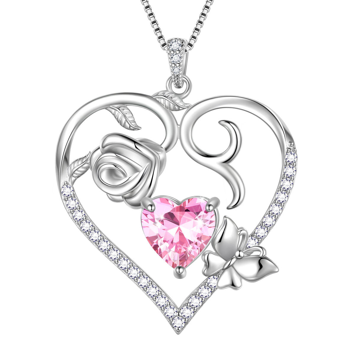 925 Sterling Silver Heart Rose Necklace,Butterfly Flower Cute Animal Pendant Necklace Jewelry Birthday Christmas Valentines Gifts for Women Girls-HP0185