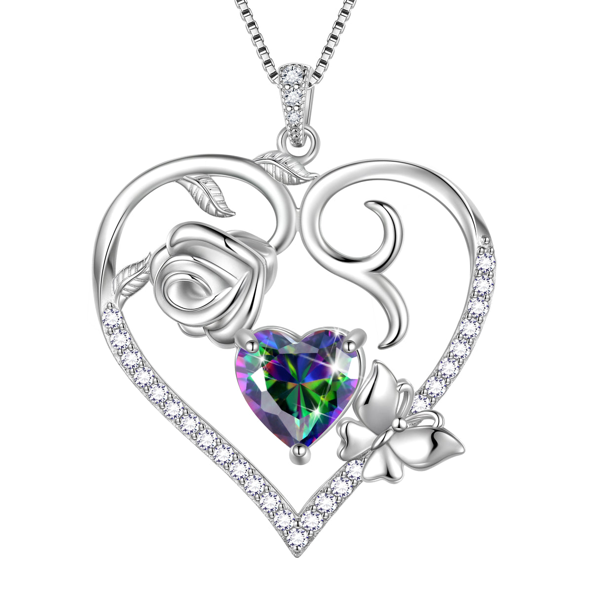 925 Sterling Silver Heart Rose Necklace,Butterfly Flower Cute Animal Pendant Necklace Jewelry Birthday Christmas Valentines Gifts for Women Girls-HP0185