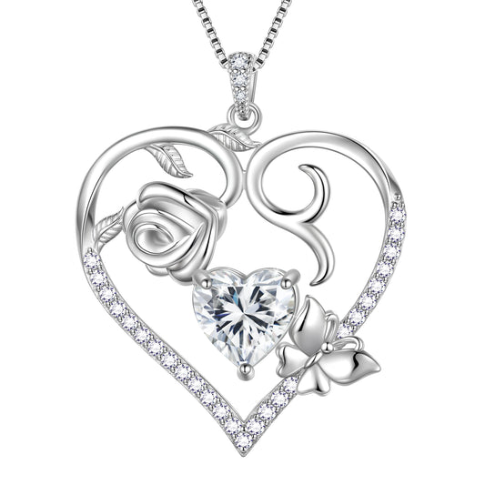925 Sterling Silver Heart Rose Necklace,Butterfly Flower Cute Animal Pendant Necklace Jewelry Birthday Christmas Valentines Gifts for Women Girls-HP0185