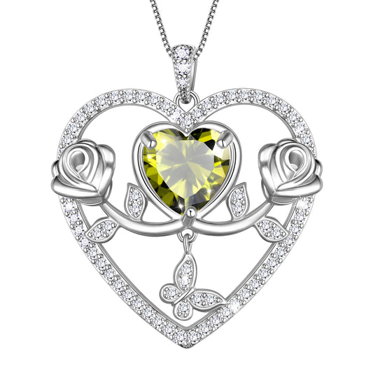 925 Sterling Silver Rose Heart Necklace,Butterfly Flower Pendant Necklace Jewelry Birthday Christmas Valentines Gifts for Women Girls-HP0186