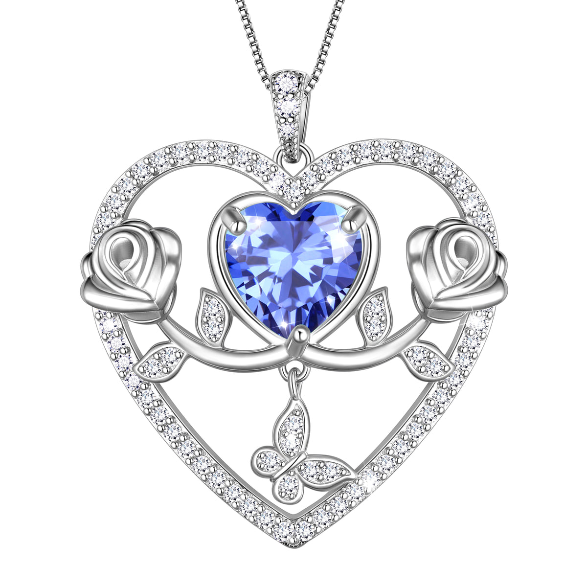 925 Sterling Silver Rose Heart Necklace,Butterfly Flower Pendant Necklace Jewelry Birthday Christmas Valentines Gifts for Women Girls-HP0186