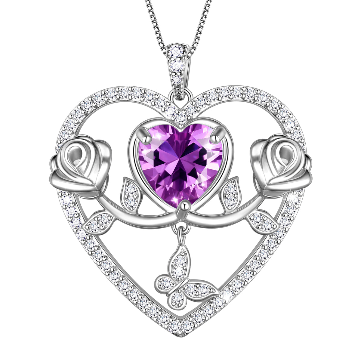 925 Sterling Silver Rose Heart Necklace,Butterfly Flower Pendant Necklace Jewelry Birthday Christmas Valentines Gifts for Women Girls-HP0186