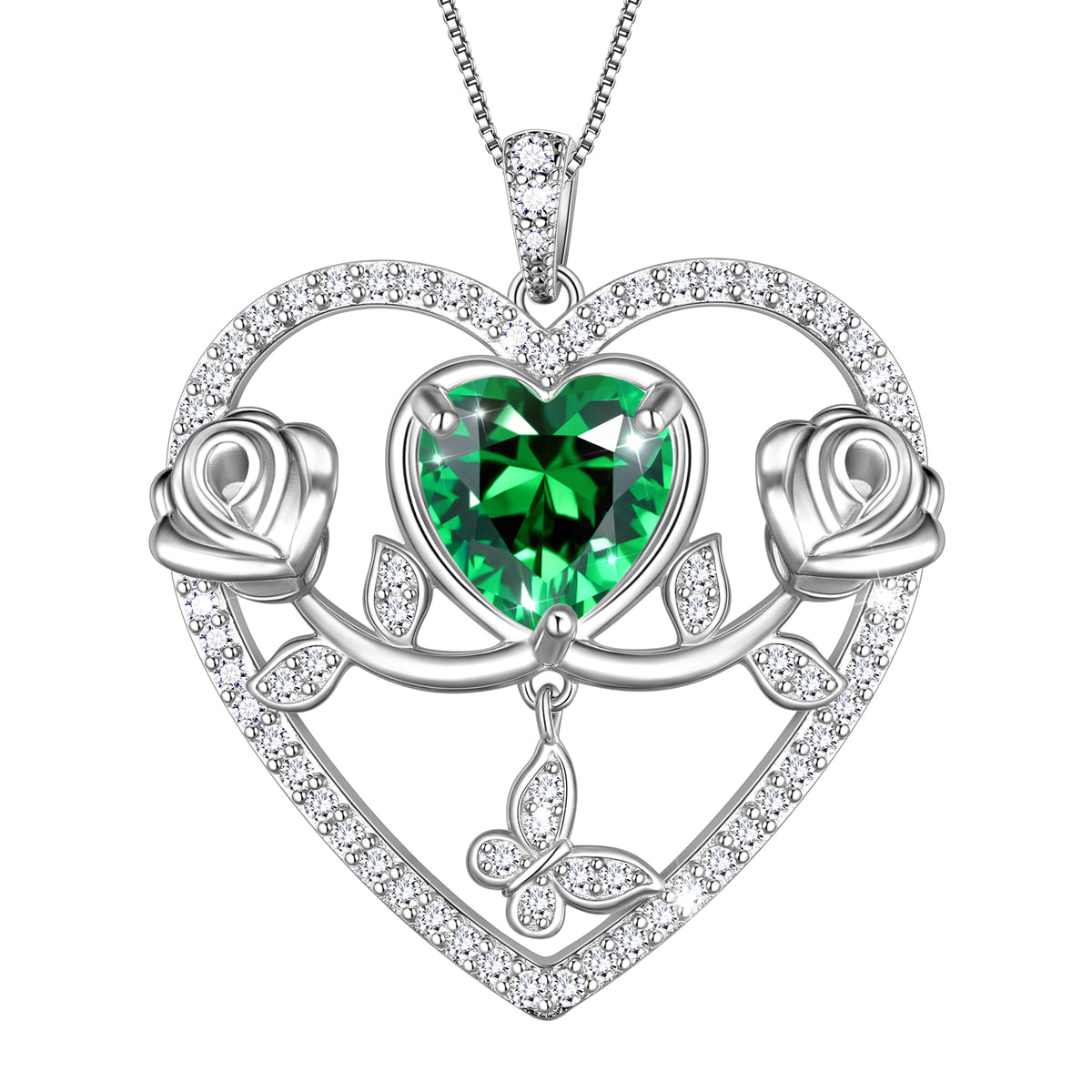 925 Sterling Silver Rose Heart Necklace,Butterfly Flower Pendant Necklace Jewelry Birthday Christmas Valentines Gifts for Women Girls-HP0186