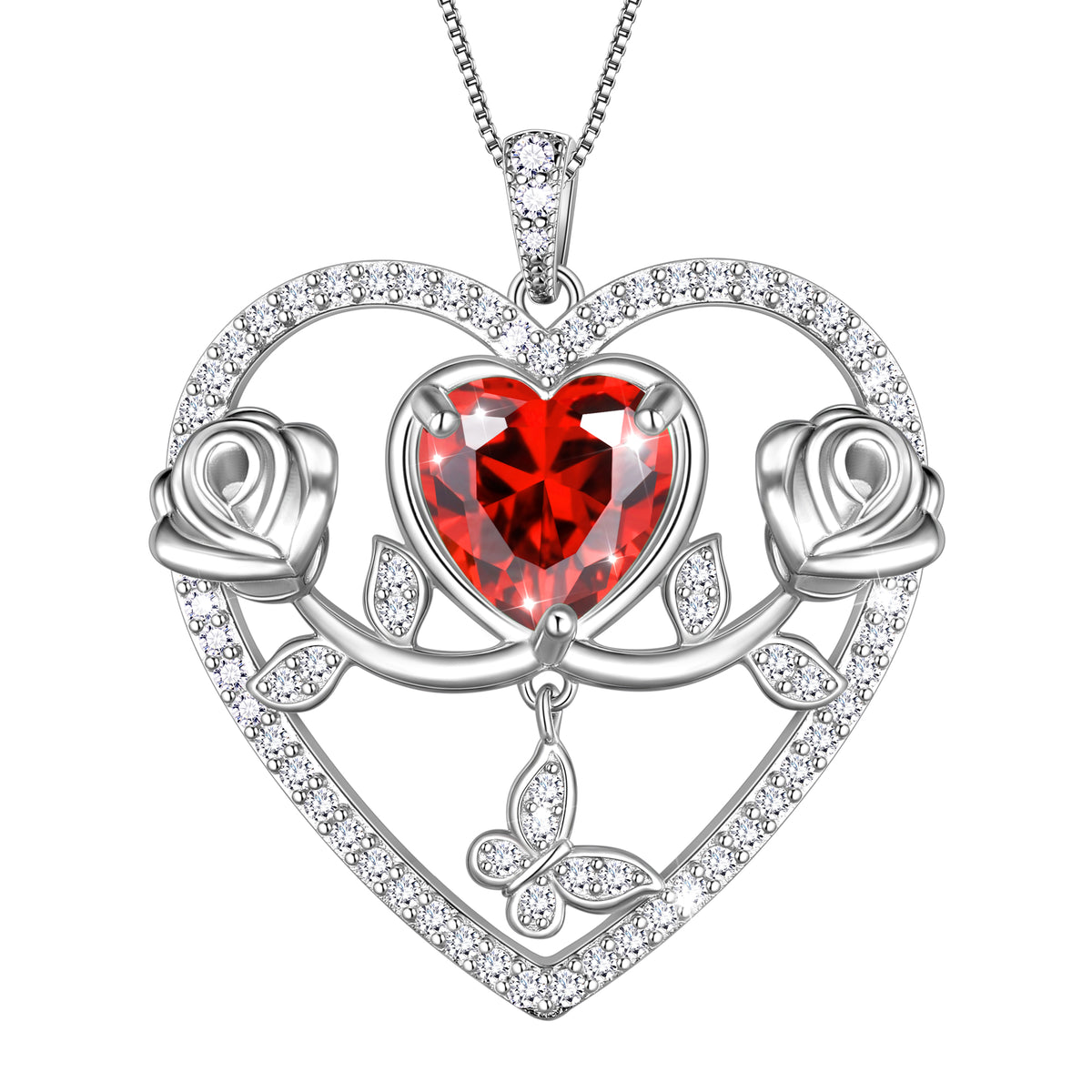 925 Sterling Silver Rose Heart Necklace,Butterfly Flower Pendant Necklace Jewelry Birthday Christmas Valentines Gifts for Women Girls-HP0186