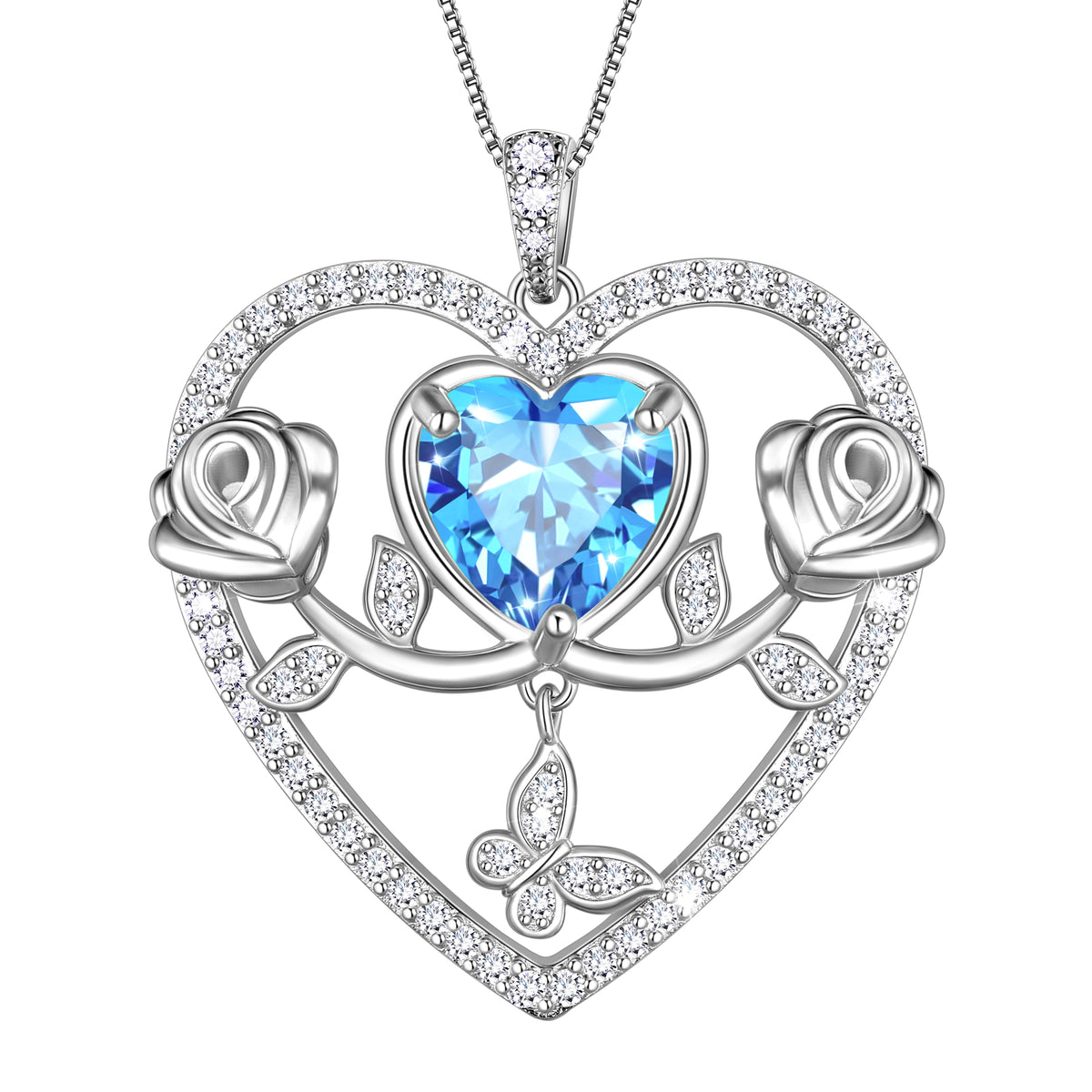 925 Sterling Silver Rose Heart Necklace,Butterfly Flower Pendant Necklace Jewelry Birthday Christmas Valentines Gifts for Women Girls-HP0186