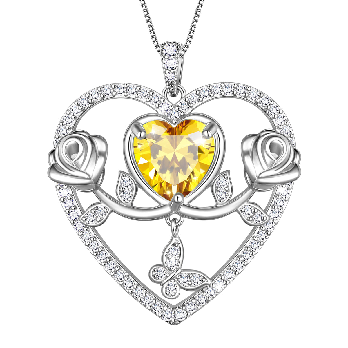 925 Sterling Silver Rose Heart Necklace,Butterfly Flower Pendant Necklace Jewelry Birthday Christmas Valentines Gifts for Women Girls-HP0186