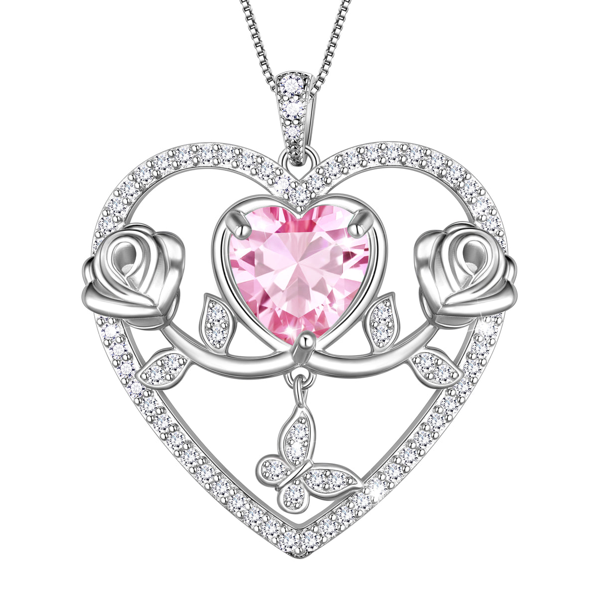 925 Sterling Silver Rose Heart Necklace,Butterfly Flower Pendant Necklace Jewelry Birthday Christmas Valentines Gifts for Women Girls-HP0186