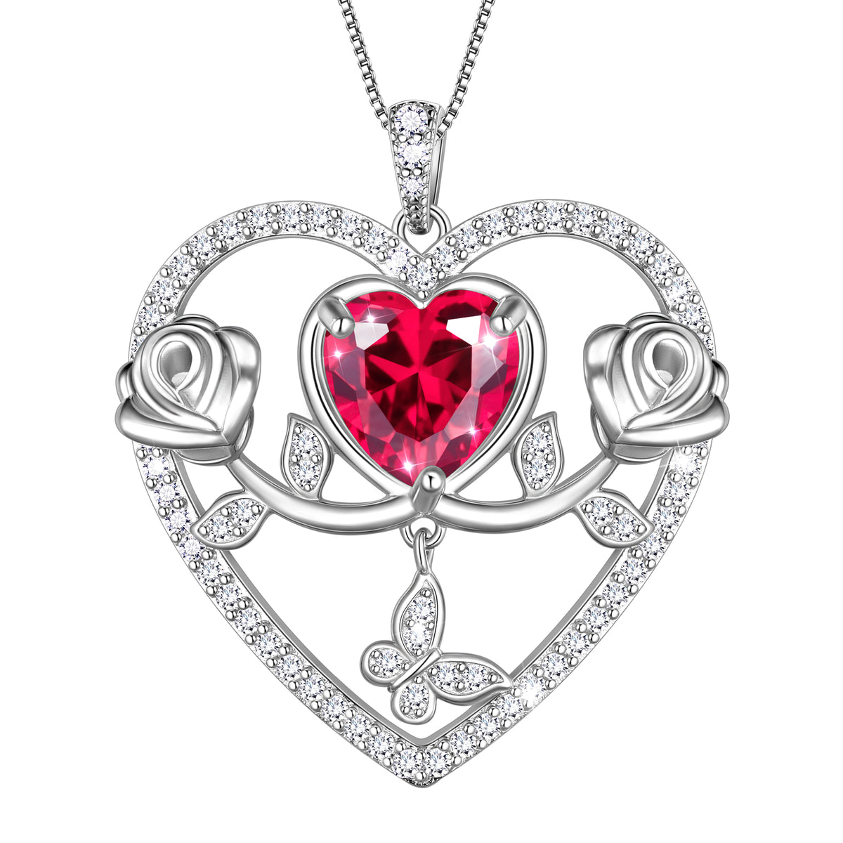 925 Sterling Silver Rose Heart Necklace,Butterfly Flower Pendant Necklace Jewelry Birthday Christmas Valentines Gifts for Women Girls-HP0186