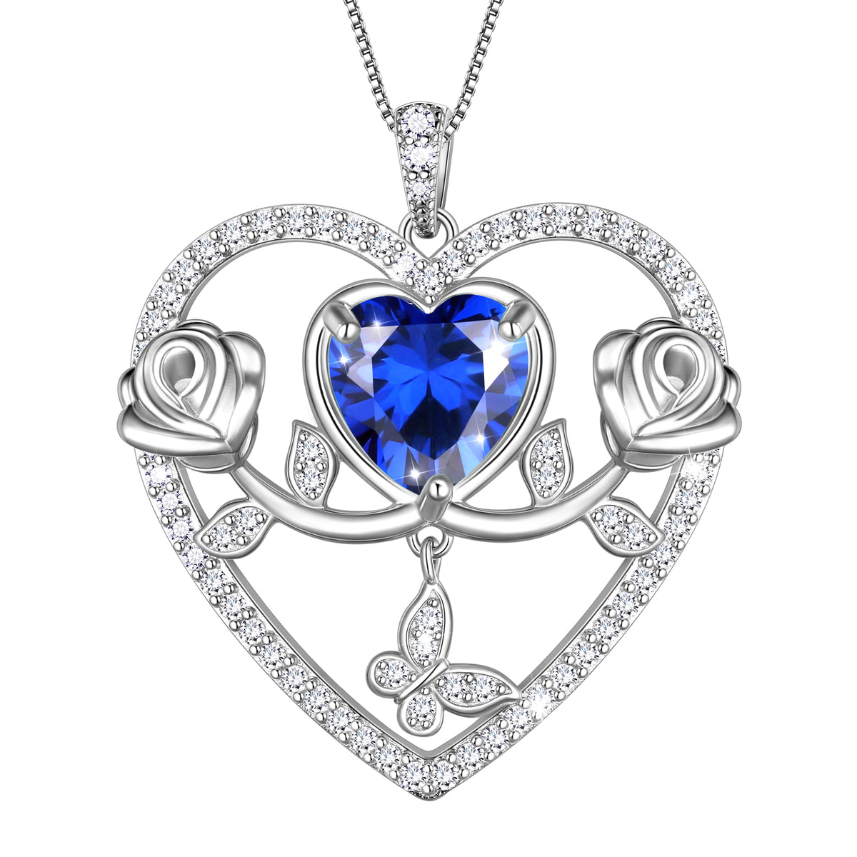 925 Sterling Silver Rose Heart Necklace,Butterfly Flower Pendant Necklace Jewelry Birthday Christmas Valentines Gifts for Women Girls-HP0186