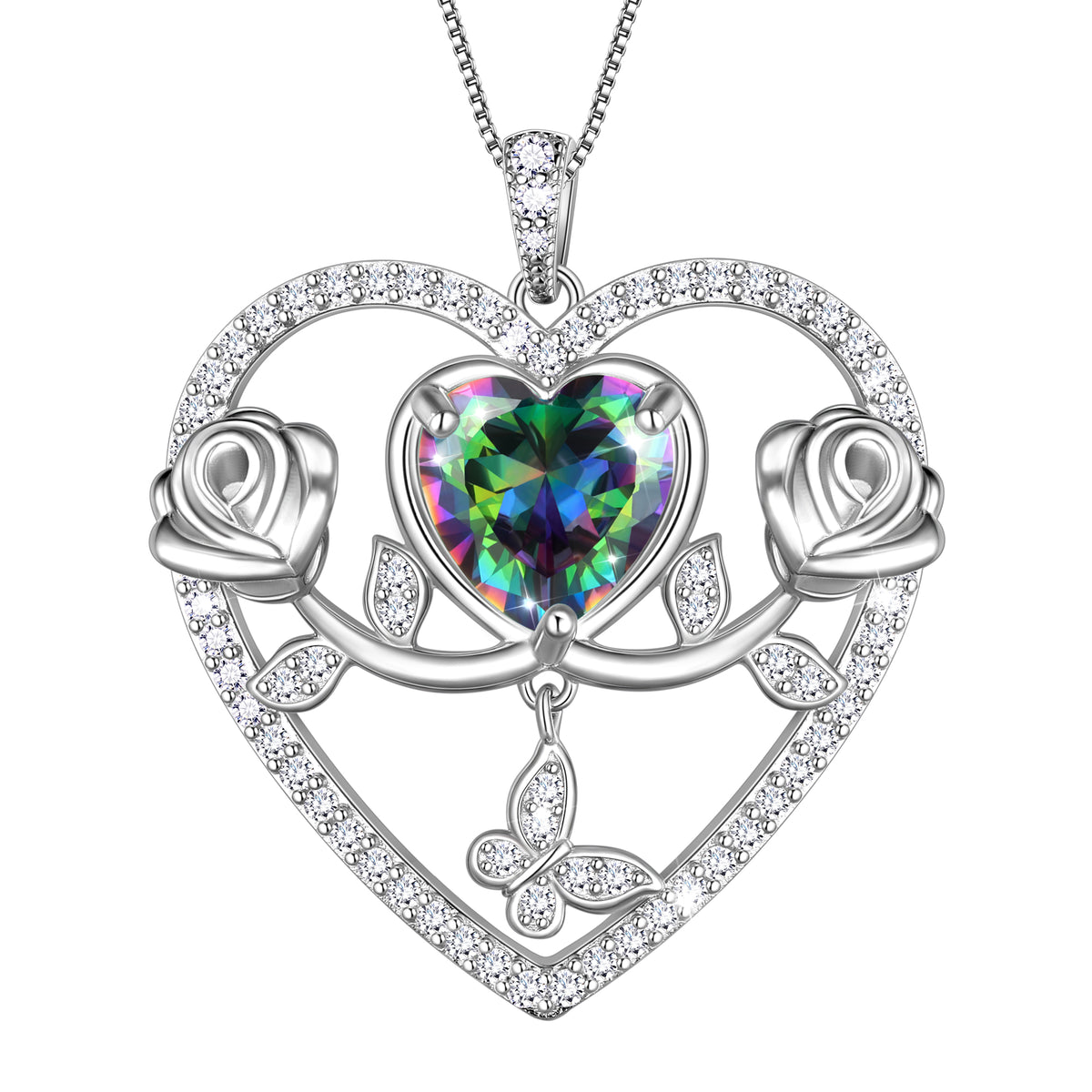 925 Sterling Silver Rose Heart Necklace,Butterfly Flower Pendant Necklace Jewelry Birthday Christmas Valentines Gifts for Women Girls-HP0186