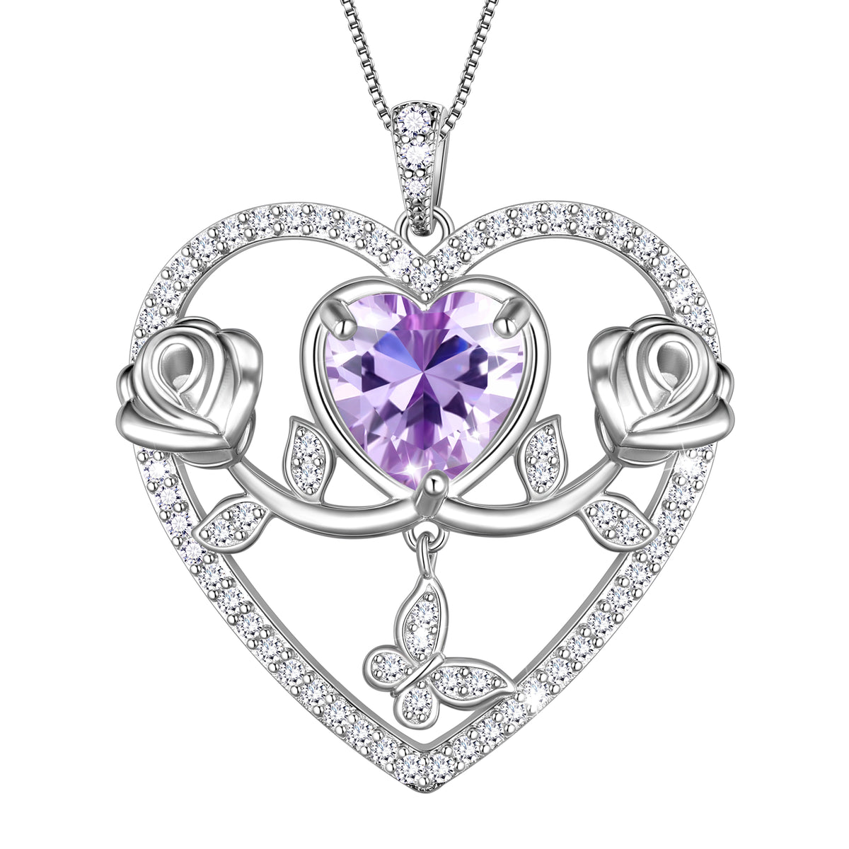 925 Sterling Silver Rose Heart Necklace,Butterfly Flower Pendant Necklace Jewelry Birthday Christmas Valentines Gifts for Women Girls-HP0186