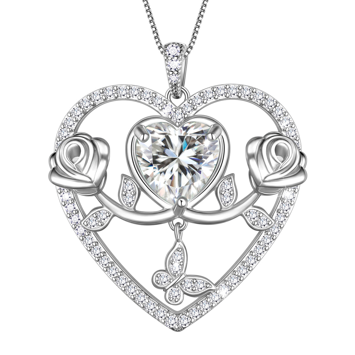 925 Sterling Silver Rose Heart Necklace,Butterfly Flower Pendant Necklace Jewelry Birthday Christmas Valentines Gifts for Women Girls-HP0186