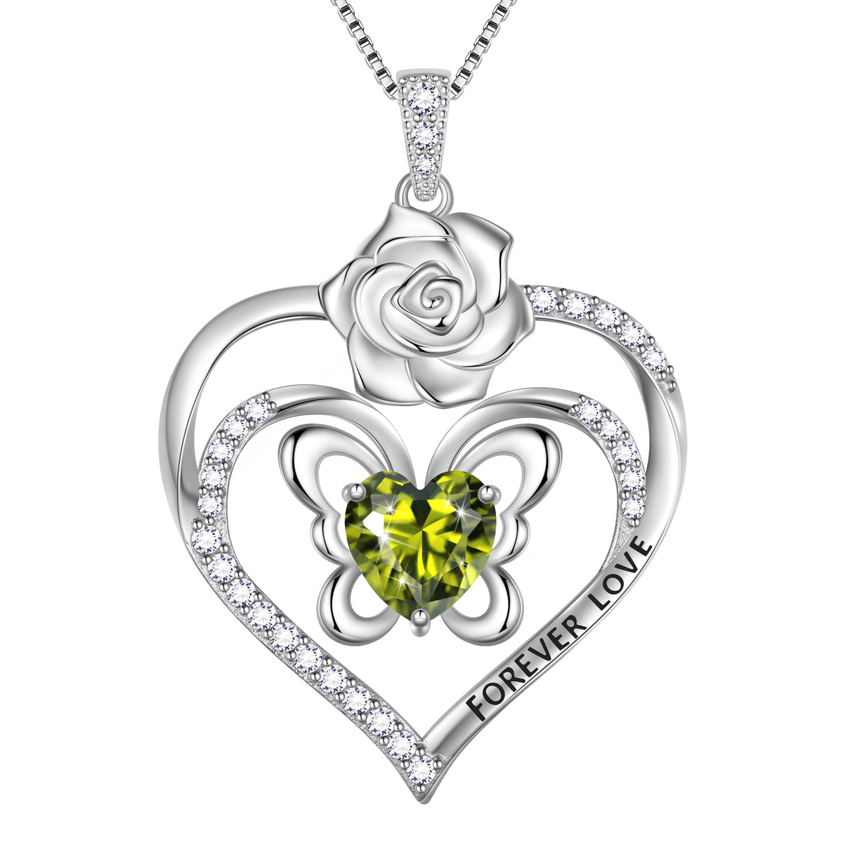 Forever Love Butterfly Heart Necklace,925 Sterling Silver Rose Flower Pendant Necklace Jewelry Birthday Christmas Valentines Gifts for Women Girls