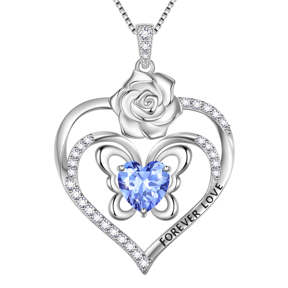Forever Love Butterfly Heart Necklace,925 Sterling Silver Rose Flower Pendant Necklace Jewelry Birthday Christmas Valentines Gifts for Women Girls
