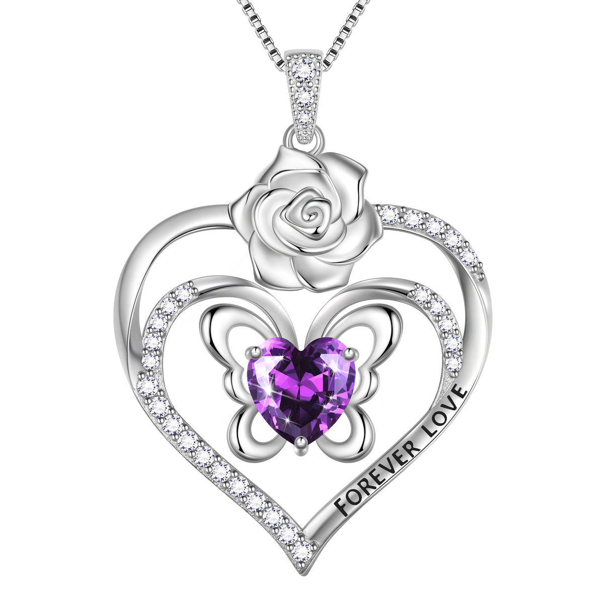 Forever Love Butterfly Heart Necklace,925 Sterling Silver Rose Flower Pendant Necklace Jewelry Birthday Christmas Valentines Gifts for Women Girls