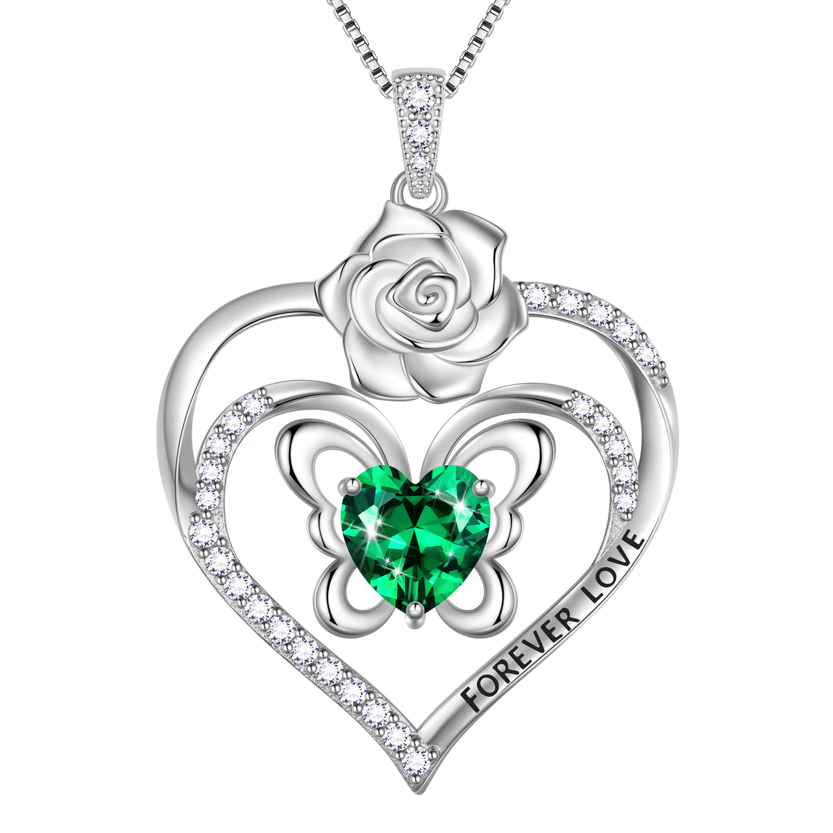 Forever Love Butterfly Heart Necklace,925 Sterling Silver Rose Flower Pendant Necklace Jewelry Birthday Christmas Valentines Gifts for Women Girls