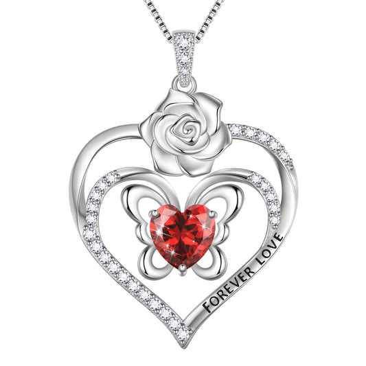 Forever Love Butterfly Heart Necklace,925 Sterling Silver Rose Flower Pendant Necklace Jewelry Birthday Christmas Valentines Gifts for Women Girls