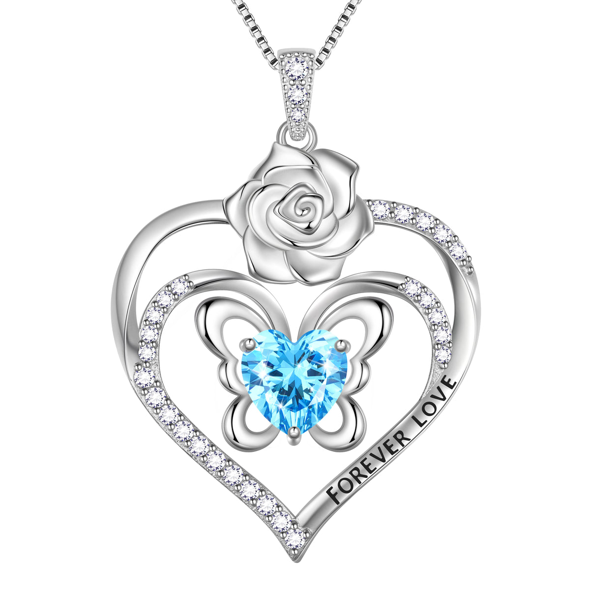 Forever Love Butterfly Heart Necklace,925 Sterling Silver Rose Flower Pendant Necklace Jewelry Birthday Christmas Valentines Gifts for Women Girls