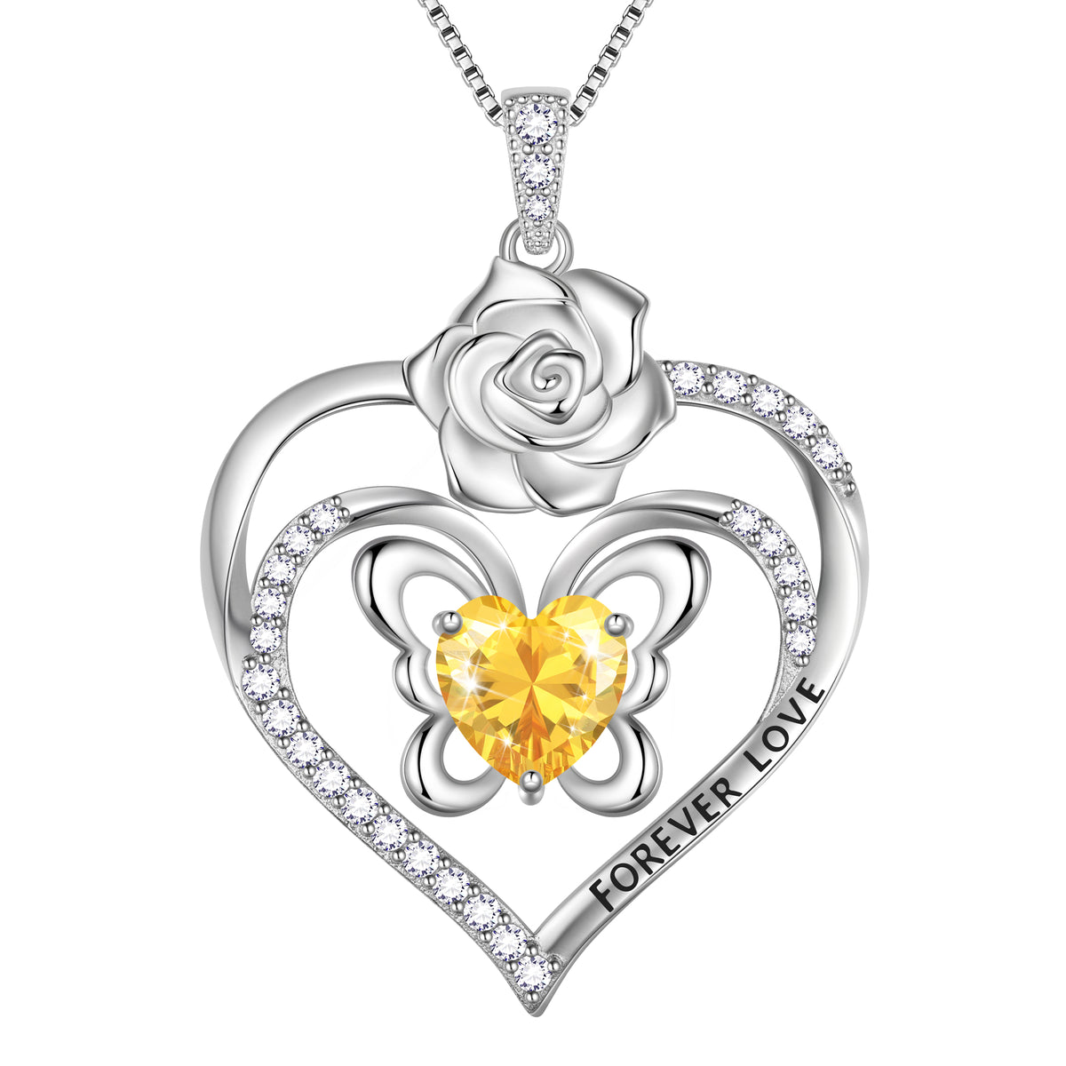 Forever Love Butterfly Heart Necklace,925 Sterling Silver Rose Flower Pendant Necklace Jewelry Birthday Christmas Valentines Gifts for Women Girls