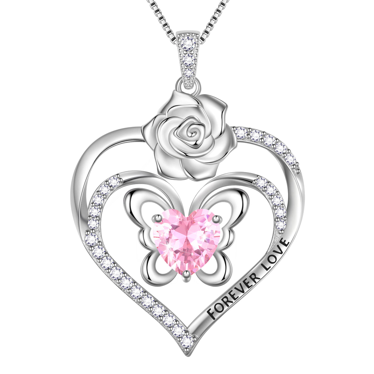Forever Love Butterfly Heart Necklace,925 Sterling Silver Rose Flower Pendant Necklace Jewelry Birthday Christmas Valentines Gifts for Women Girls