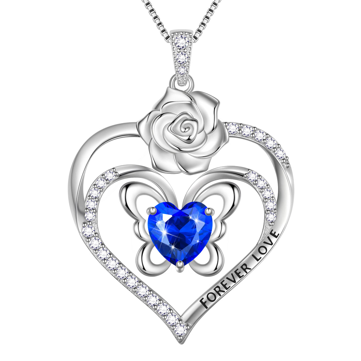 Forever Love Butterfly Heart Necklace,925 Sterling Silver Rose Flower Pendant Necklace Jewelry Birthday Christmas Valentines Gifts for Women Girls