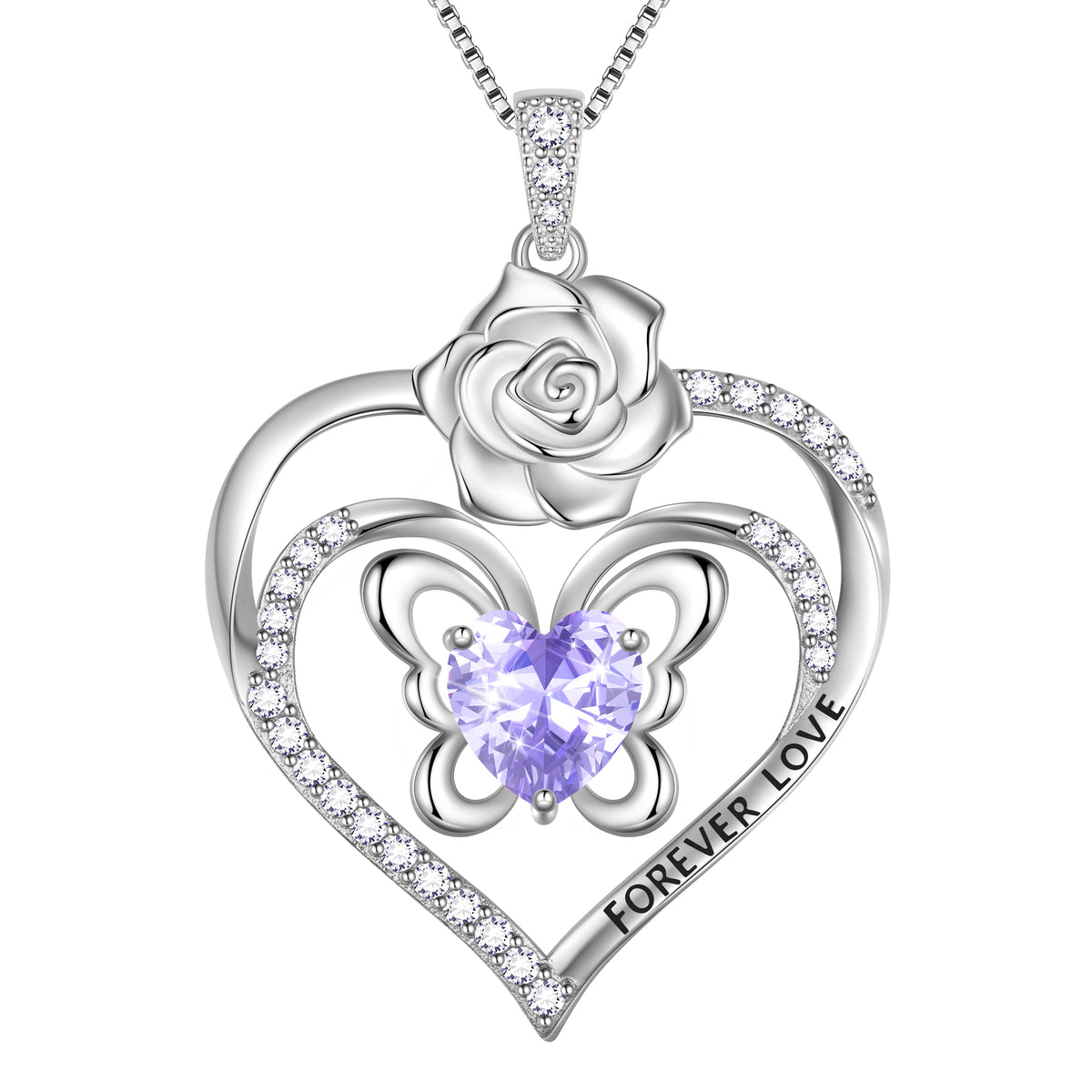Forever Love Butterfly Heart Necklace,925 Sterling Silver Rose Flower Pendant Necklace Jewelry Birthday Christmas Valentines Gifts for Women Girls