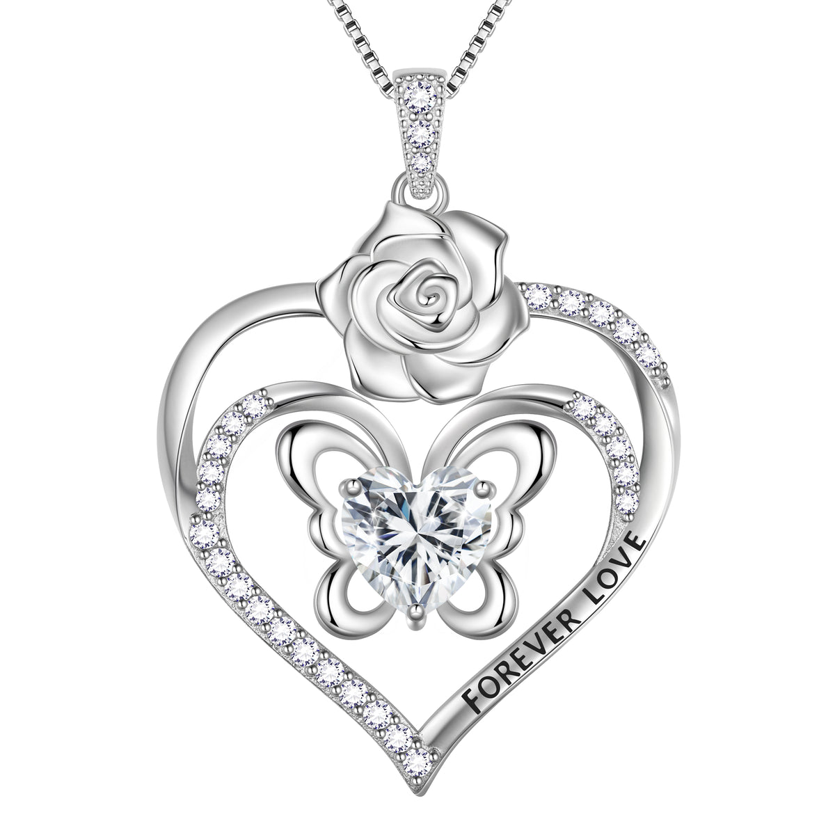 Forever Love Butterfly Heart Necklace,925 Sterling Silver Rose Flower Pendant Necklace Jewelry Birthday Christmas Valentines Gifts for Women Girls