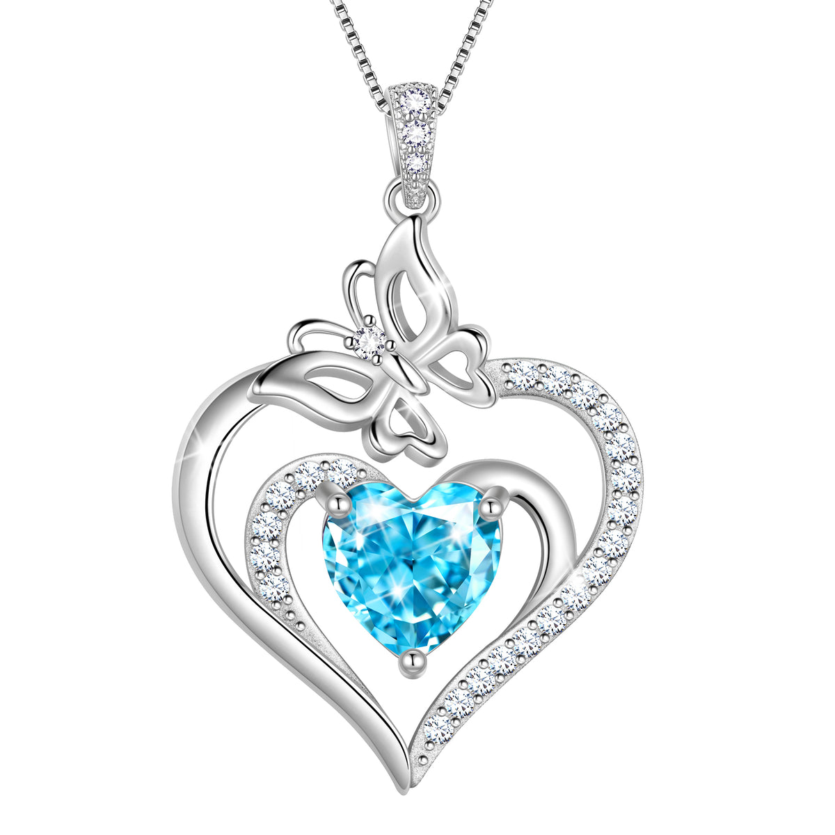 Beautlace 925 Sterling Silver Heart Birthstone Necklace,Butterfly Pendant Necklace Cute Animal Jewelry Birthday Christmas Valentines Gifts for Women