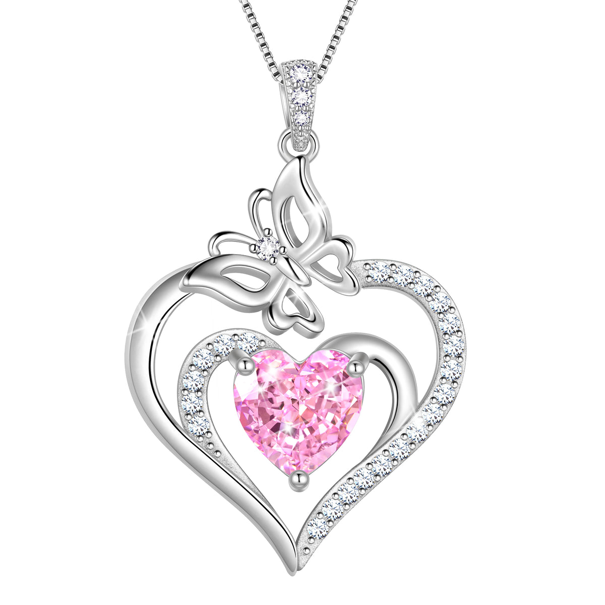 Beautlace 925 Sterling Silver Heart Birthstone Necklace,Butterfly Pendant Necklace Cute Animal Jewelry Birthday Christmas Valentines Gifts for Women