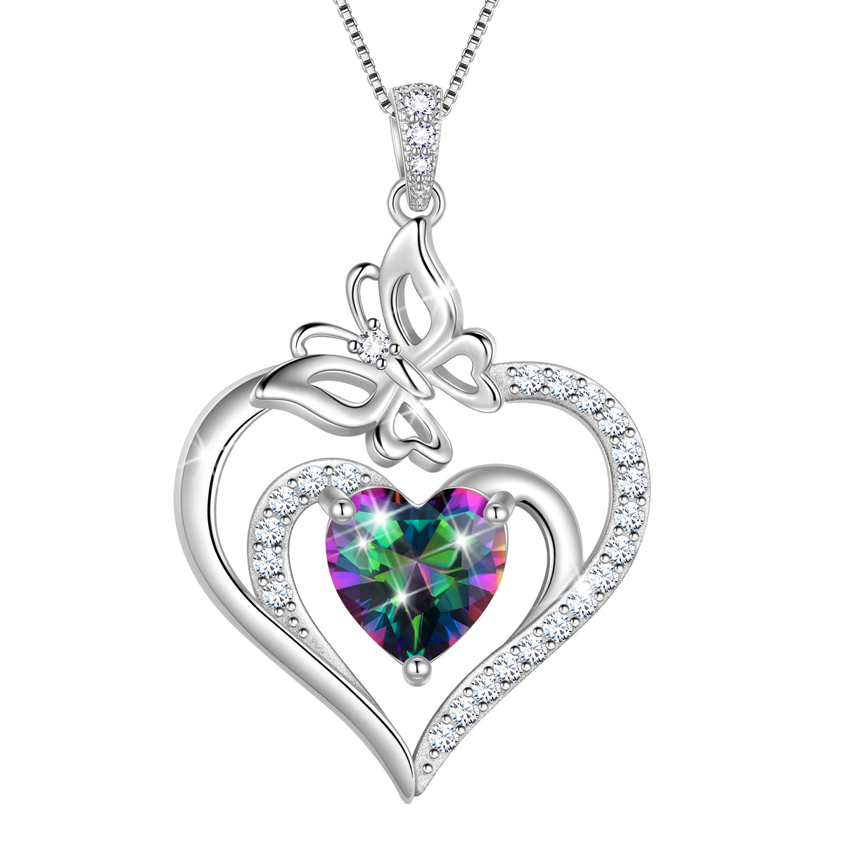 Beautlace 925 Sterling Silver Heart Birthstone Necklace,Butterfly Pendant Necklace Cute Animal Jewelry Birthday Christmas Valentines Gifts for Women